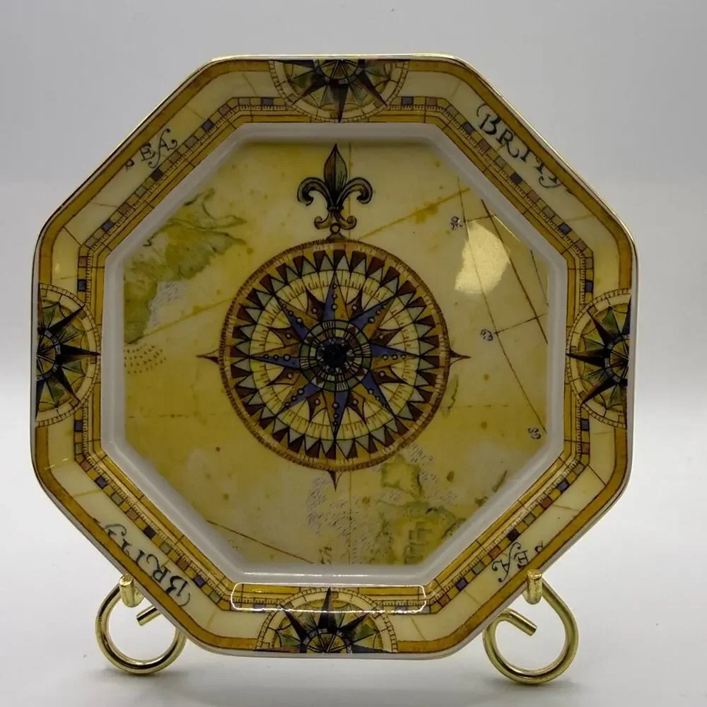 Wedgwood “Atlas” Bone China 5”Octagonal Decorative Compass Plate Yellow and Gold